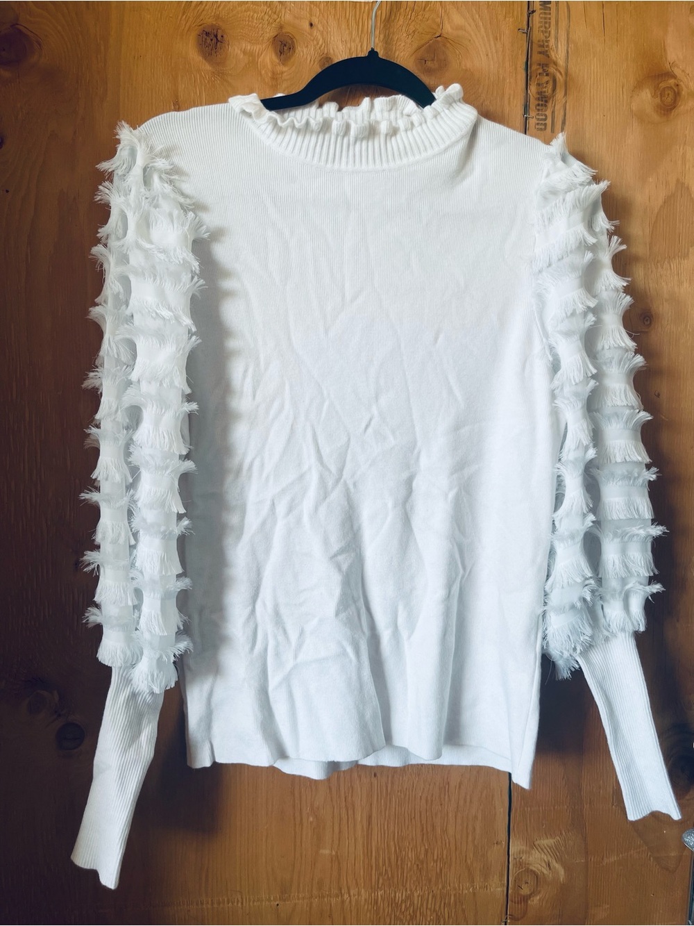 Sioni White Fringe Sleeve Ruffle Mock Neck Sweater